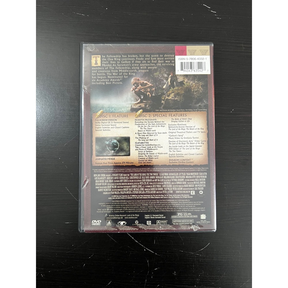 The Lord of the Rings The Two Towers DVD 2002 2-Disc Set Full Screen Edition - Picture 2 of 3